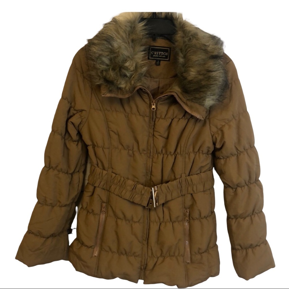 C’esttoi tan faux fur collar belted puffer jacket